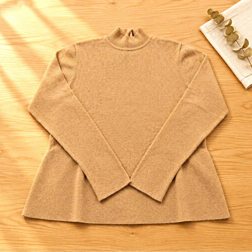 Womens M Beige Ribbed Knit Mock Neck Long Sleeve Pullover Sweater Stretch